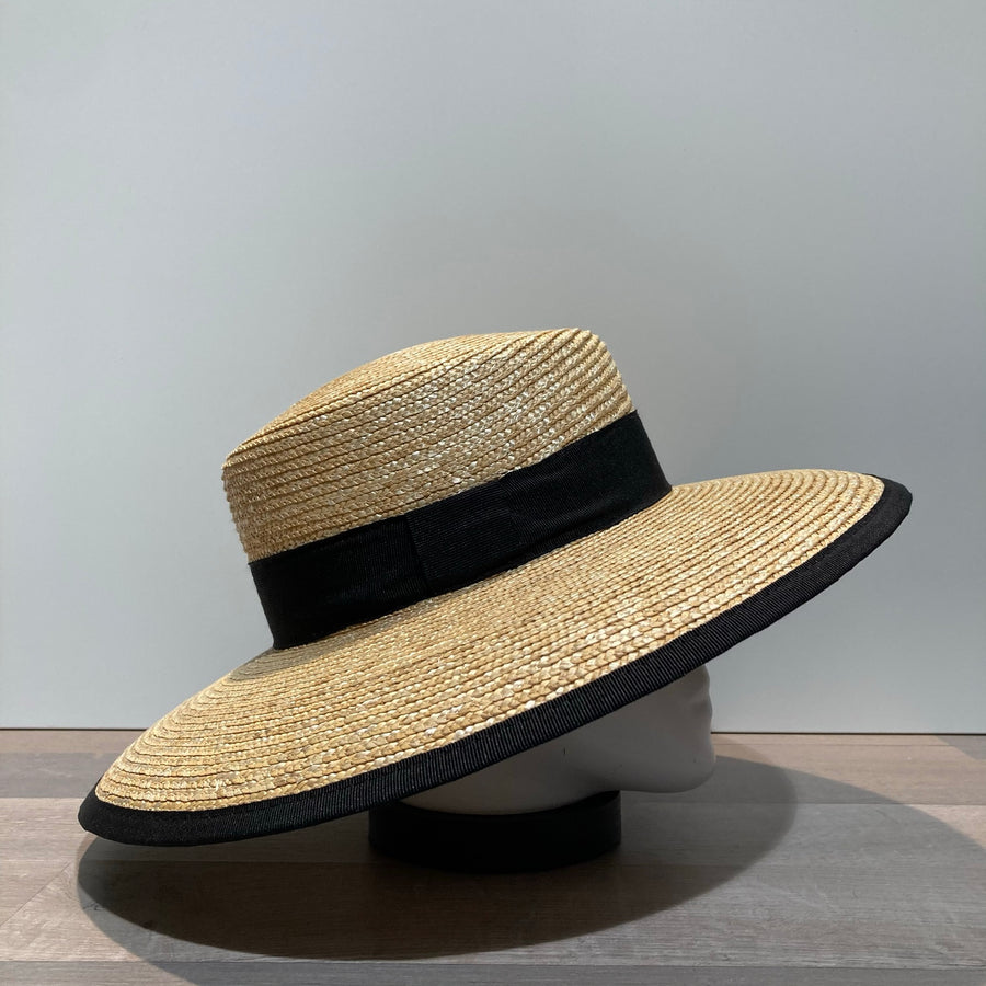 Chapeau canotier paille cousue galon noir