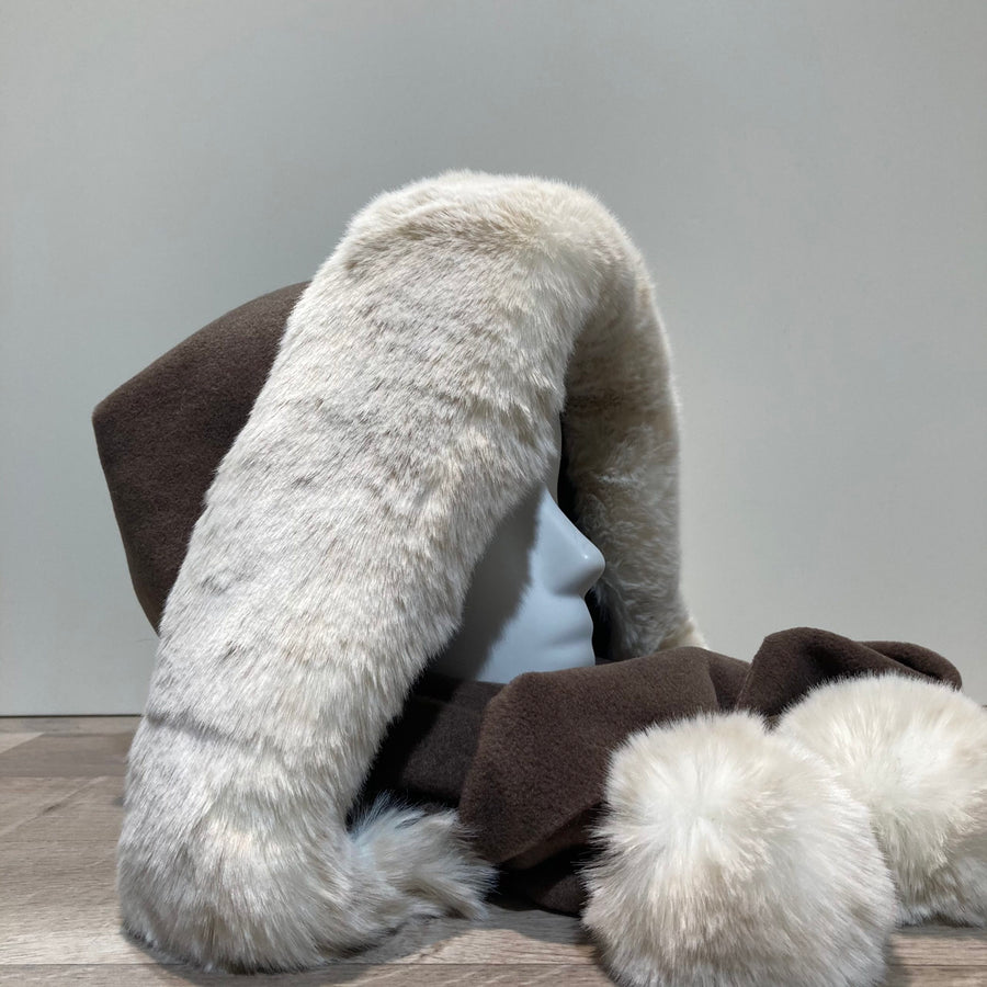 Capuche écharpe polaire et fourrure taupe