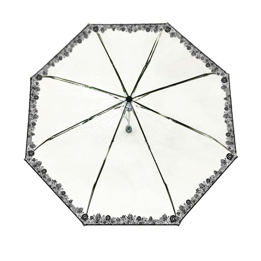 Parapluie pliant femme automatique transparent liseret de fleurs noires