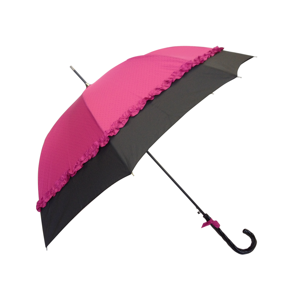 Parapluie droit femme automatique froufrou fuchsia et noir