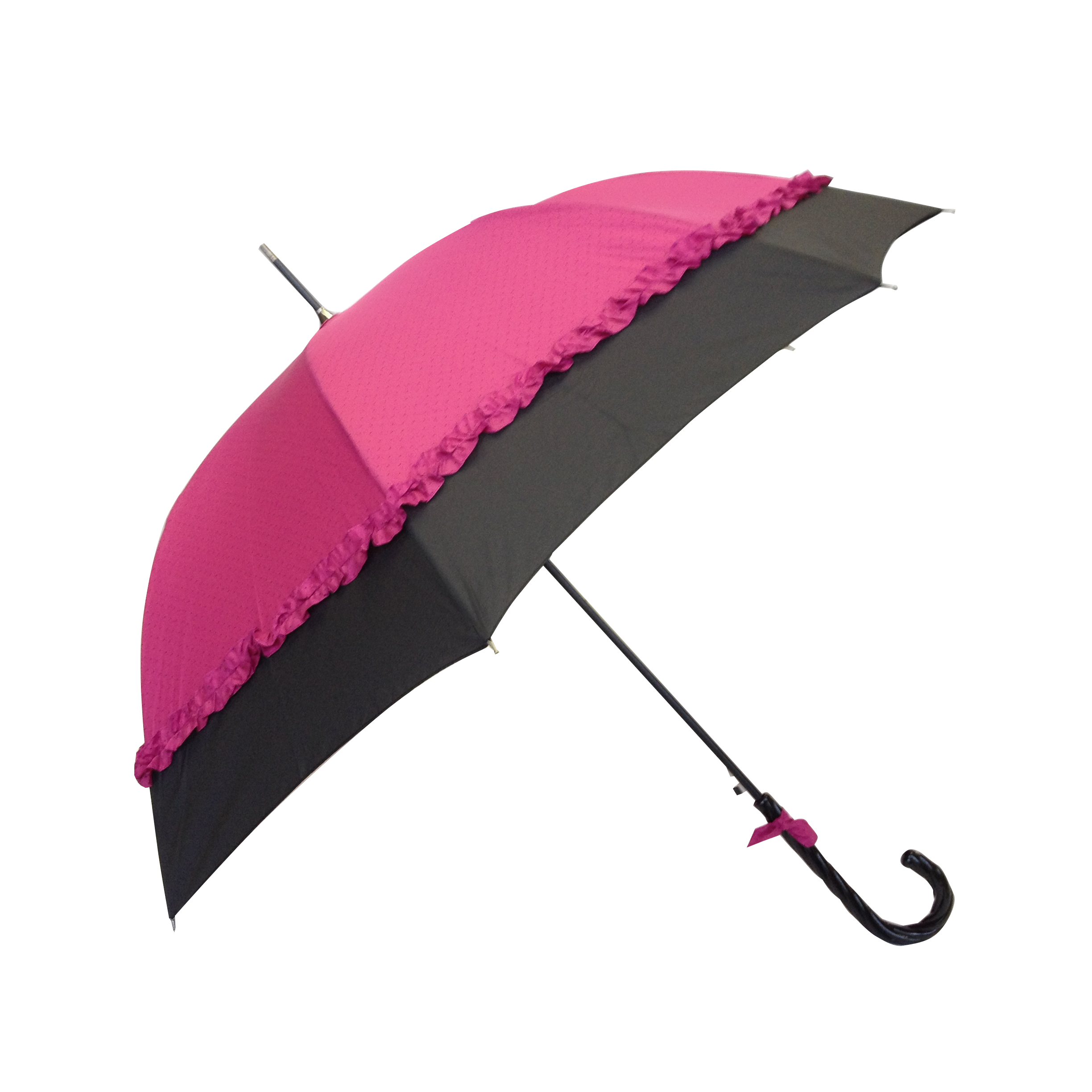 Parapluie droit femme automatique froufrou fuchsia et noir