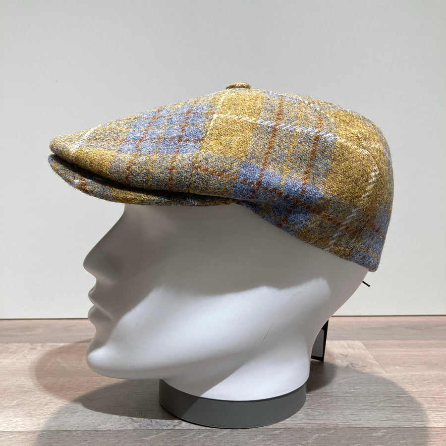Casquette laine vierge Harris tweed avec bouton moutarde doublée
