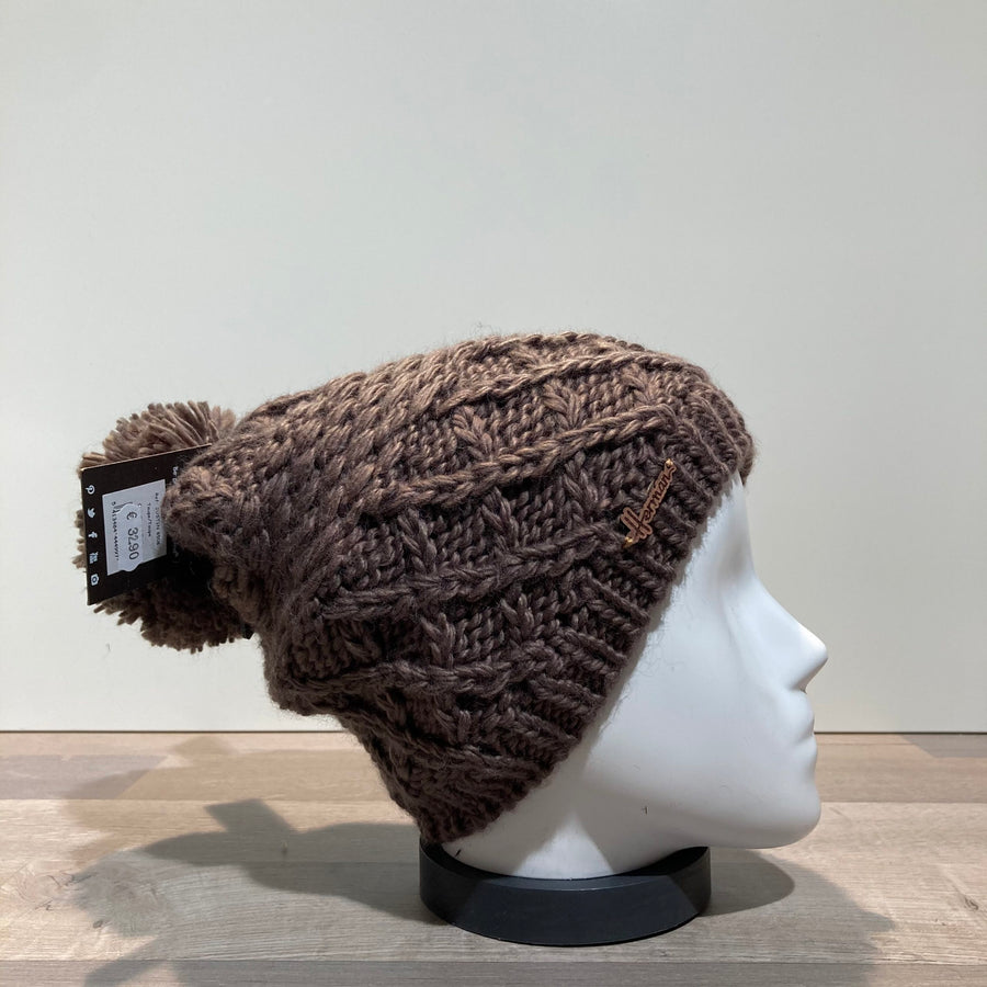 Bonnet tricot uni taupe doublé avec pompon Herman