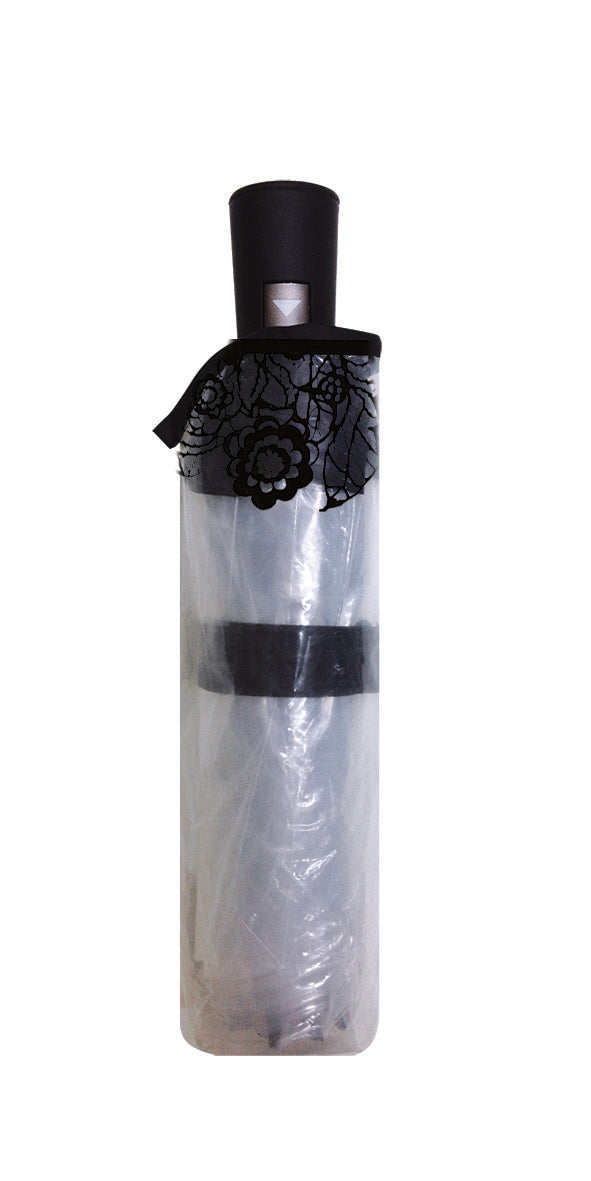 Parapluie pliant femme automatique transparent liseret de fleurs noires