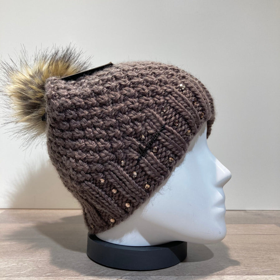 Bonnet tricot uni taupe strass doublé avec pompon Herman
