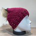 Bonnet tricot uni framboise strass doublé avec pompon Herman