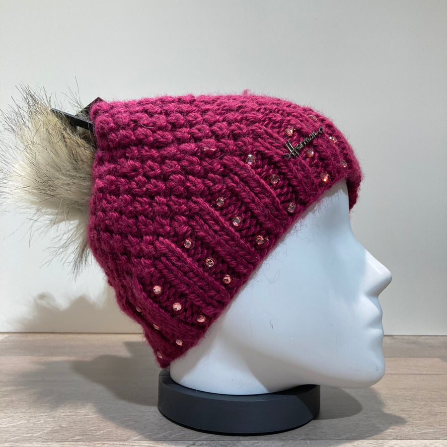 Bonnet tricot uni framboise strass doublé avec pompon Herman