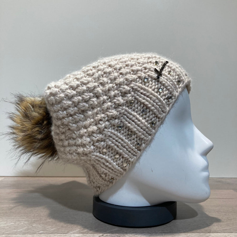 Bonnet tricot uni beige strass doublé avec pompon Herman
