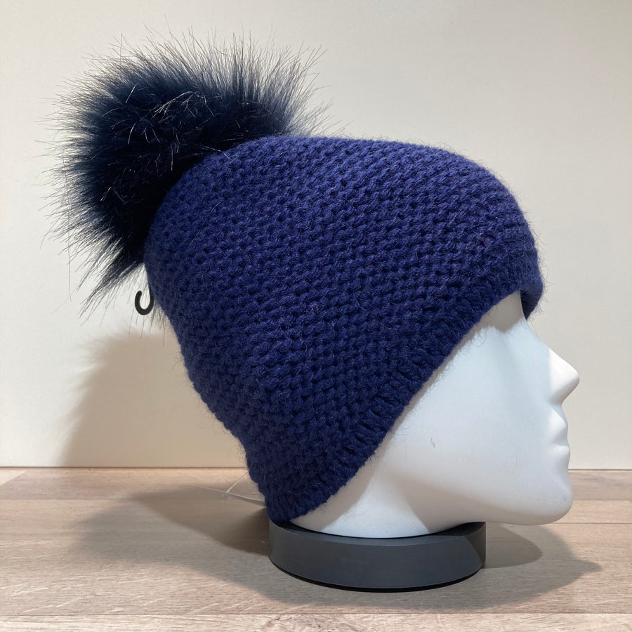 Bonnet uni marine doublé avec pompon