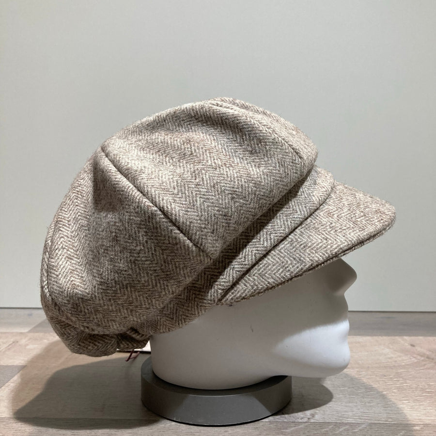 Casquette gavroche laine des Pyrénées beige chevrons élastiquée doublure coton bio